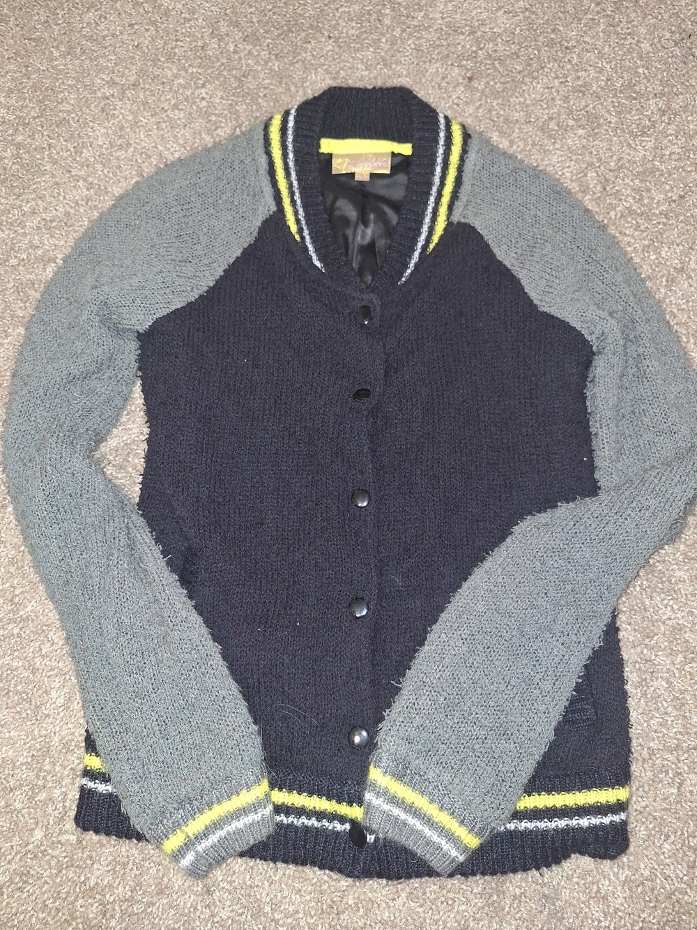 princess vera wang navy, gray & yellow knit varsity cardigan